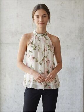 Cream & Pink Floral Halter Blouse Size Small